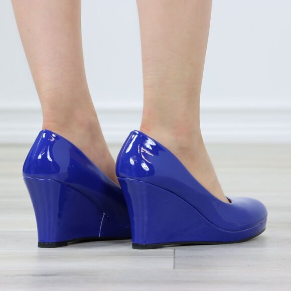 Blue Patent Close Rounded Toe Wedge Heel Rockabilly Style Shoe - Picture 9 of 14